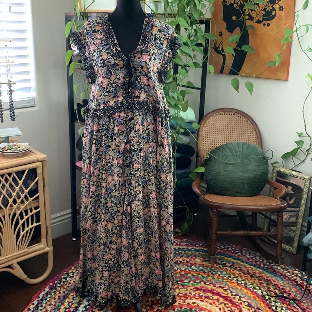 Free People Milania Black Combo Floral Button Down Eyelet Lace Midi Maxi Dress